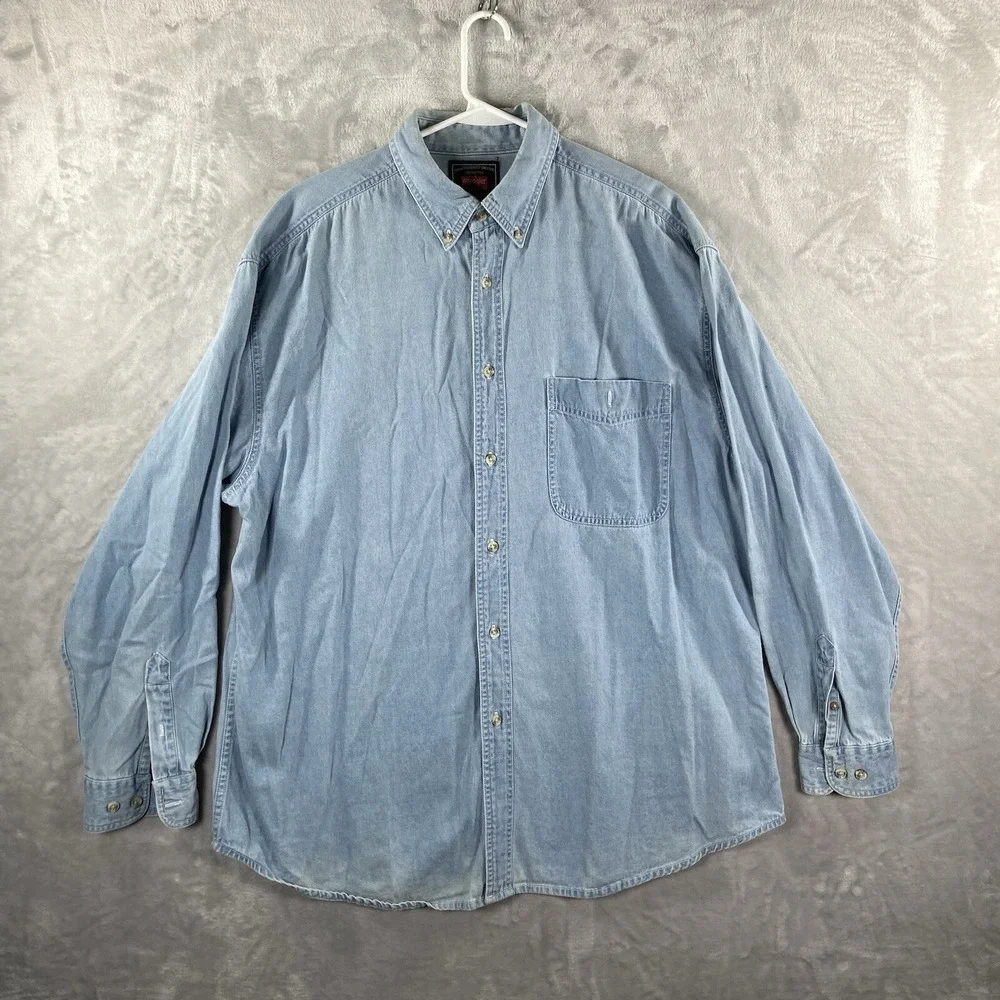 Wrangler Hero Shirt Mens XL Chambray Button Down Work Cotton Faded Blue Pocket